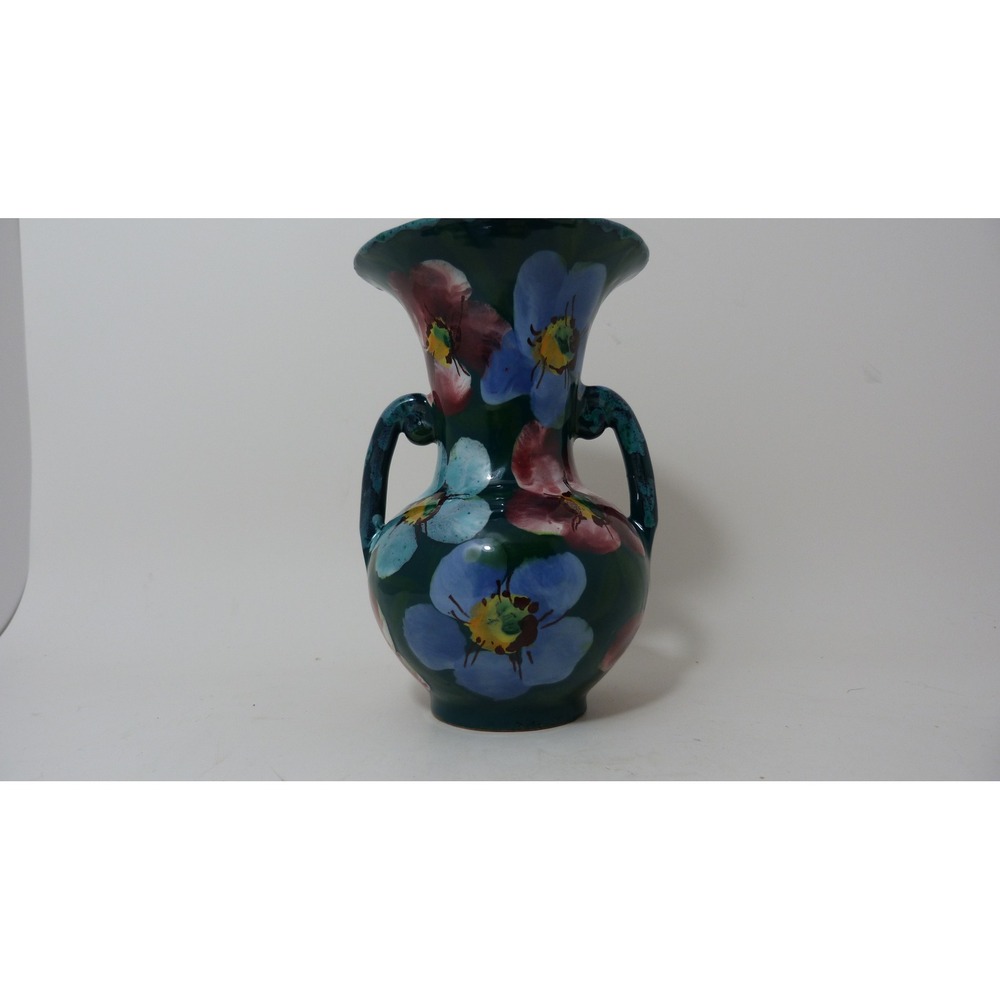 Vintage Hand Painted Italian Ceramic Floral Double Handled Vase Teal Pink Blue